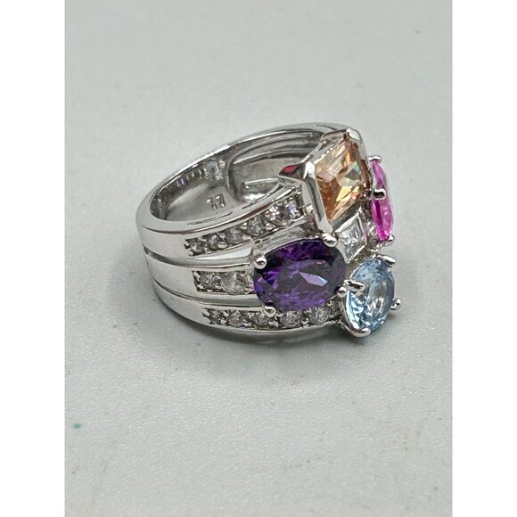 Colorful Cocktail Ring Size 7.5 Silver Tone & Glass Stones Pink Purple Tones - Picture 2 of 10